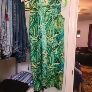 Button up mini dress with tropical plant print